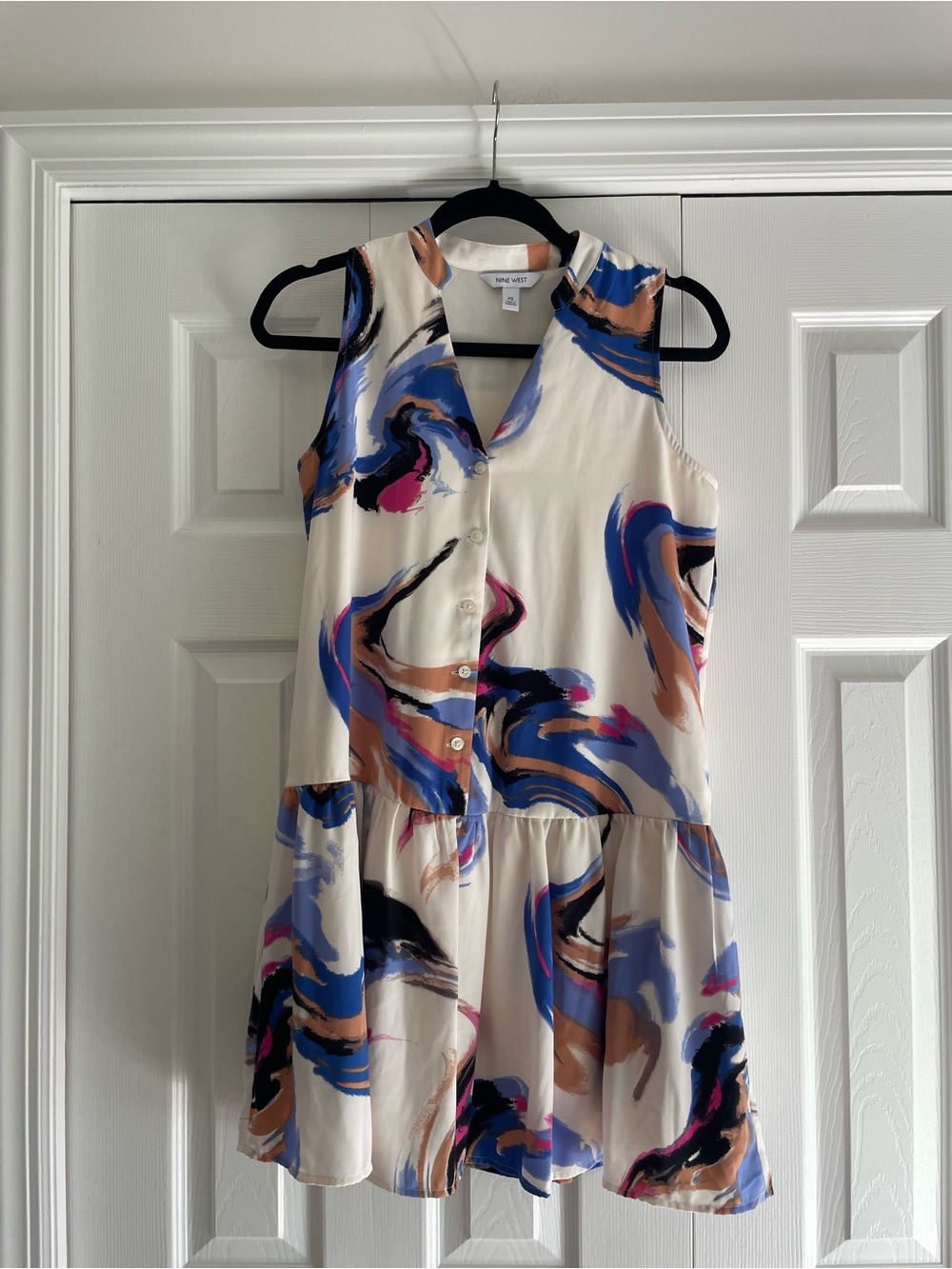 Nine West Cream Sleeveless Dress with Blue, Pink & Tan Brushstroke Print